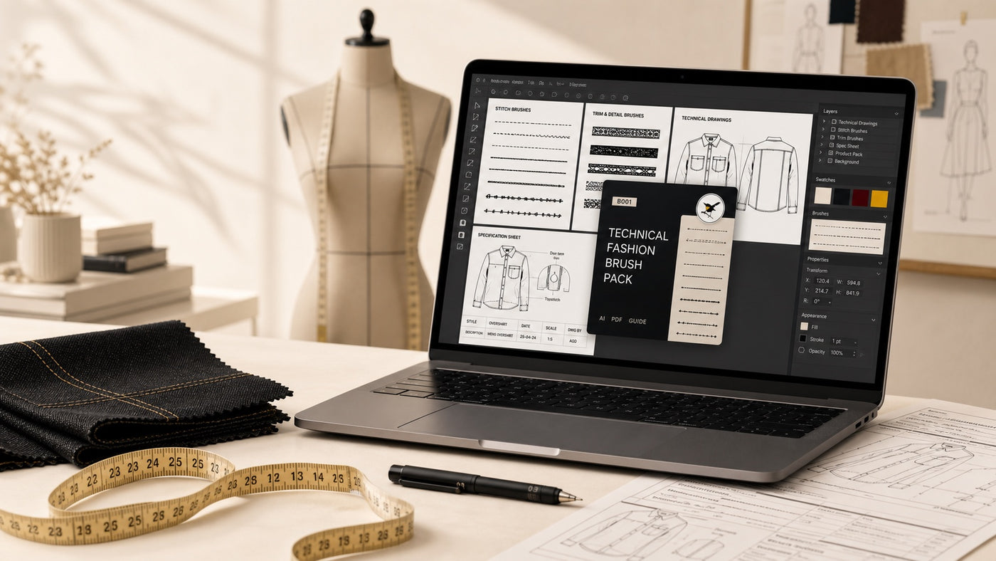 Fashion design brush pack, garment specification sheets and CAD resources